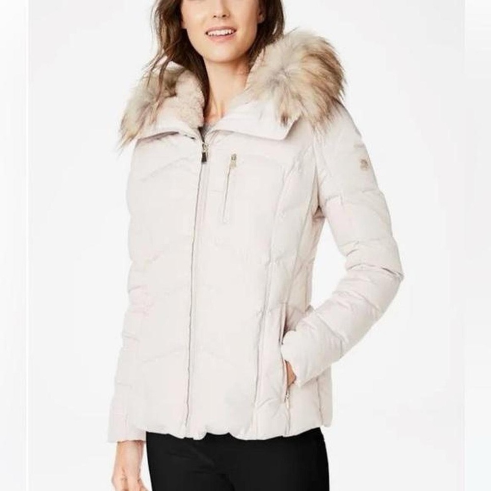 Calvin Klein Light Cream Puffer Jacket with Fur Hood